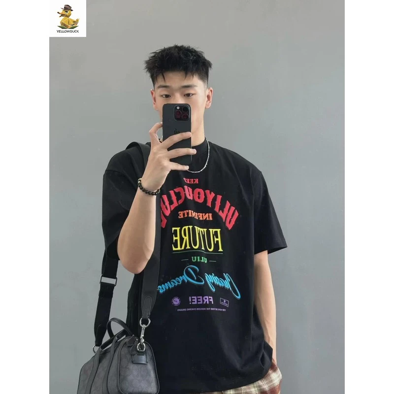 美式潮牌字母短袖恤男黑色2025新款宽松品质夏季衣服潮流上衣