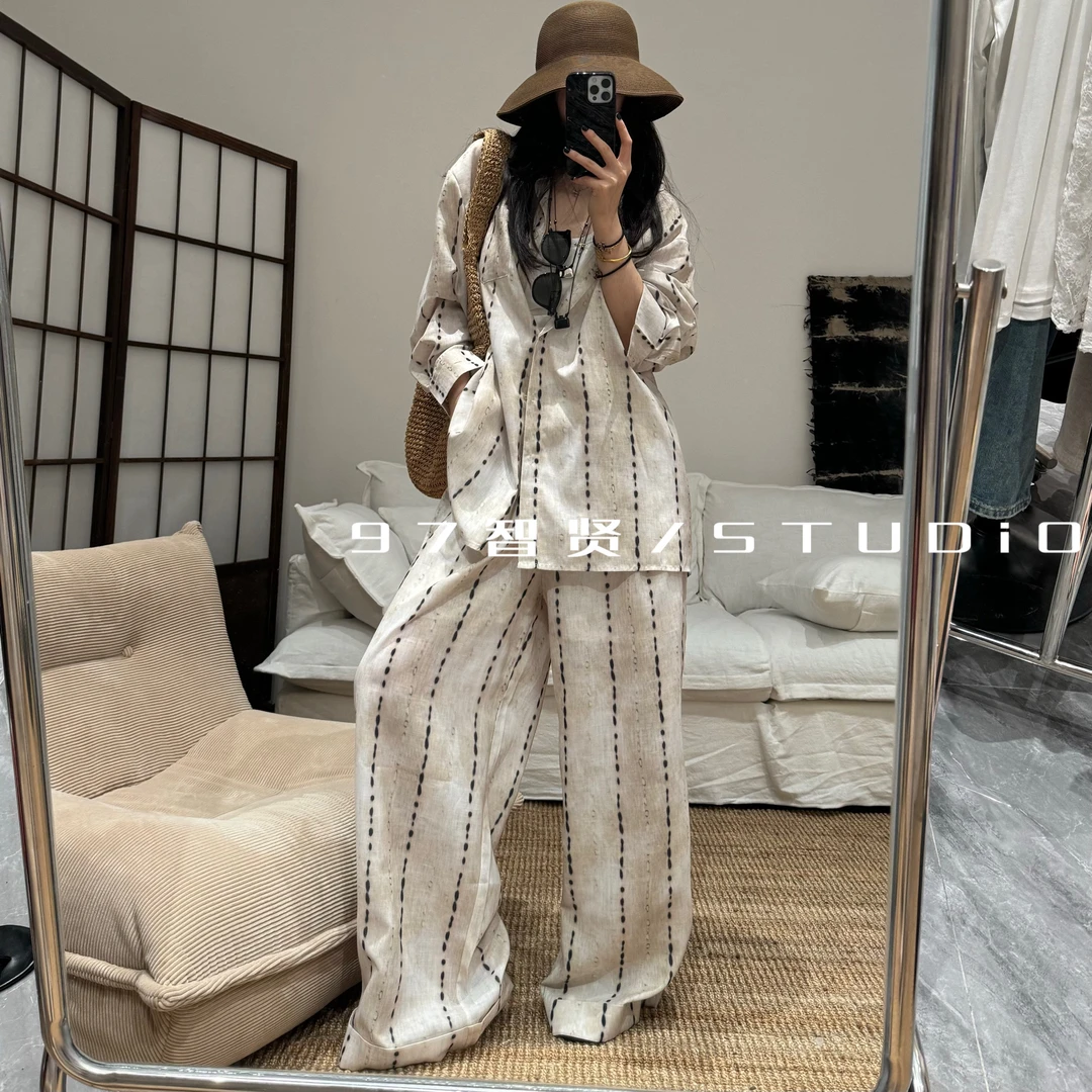 【老钱风印花绿黑条晕染风薄款防晒套装】