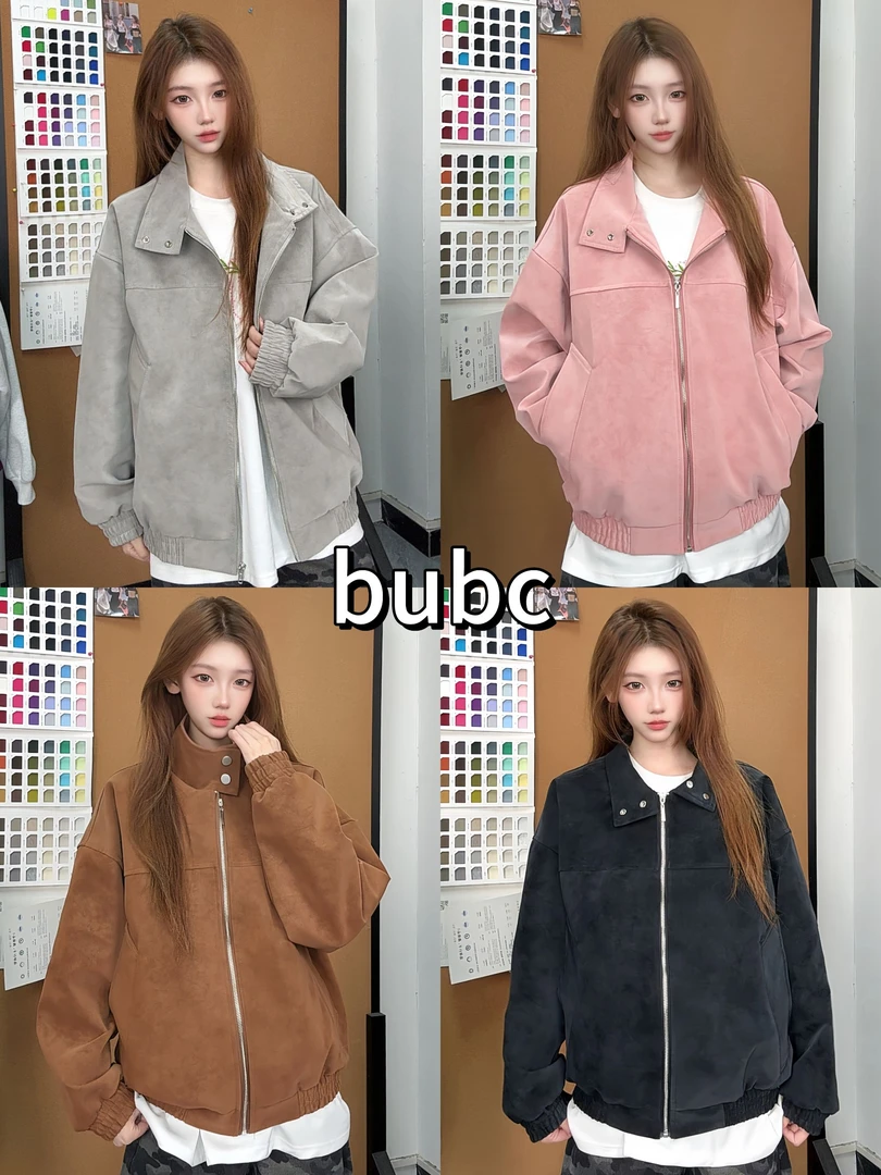 BUBC纯色洋气百搭带口袋拉链潮酷男女情侣同款潮酷休闲扎染皮夹克