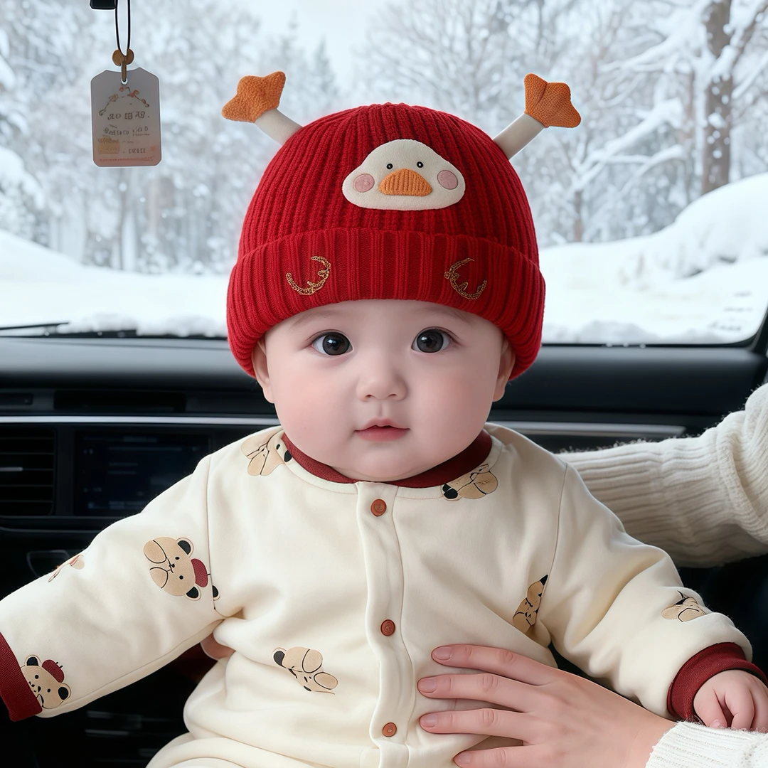 宝宝帽子冬天毛线帽可爱鸭子婴幼儿针织套头帽加厚保暖护耳帽防风
