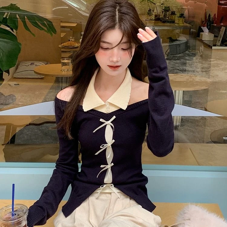 红人馆针织衫女秋季穿搭2025新款露肩上衣chic韩系少女感假两件