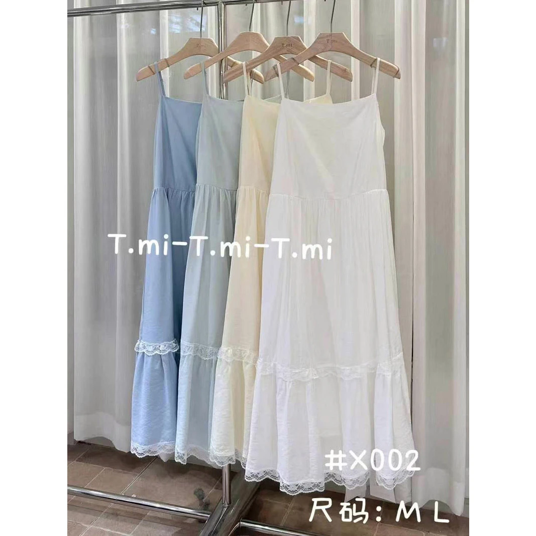 Tmi大码女装2025春夏季新款胖mm显瘦收腰蕾丝边吊带裙连衣裙X002
