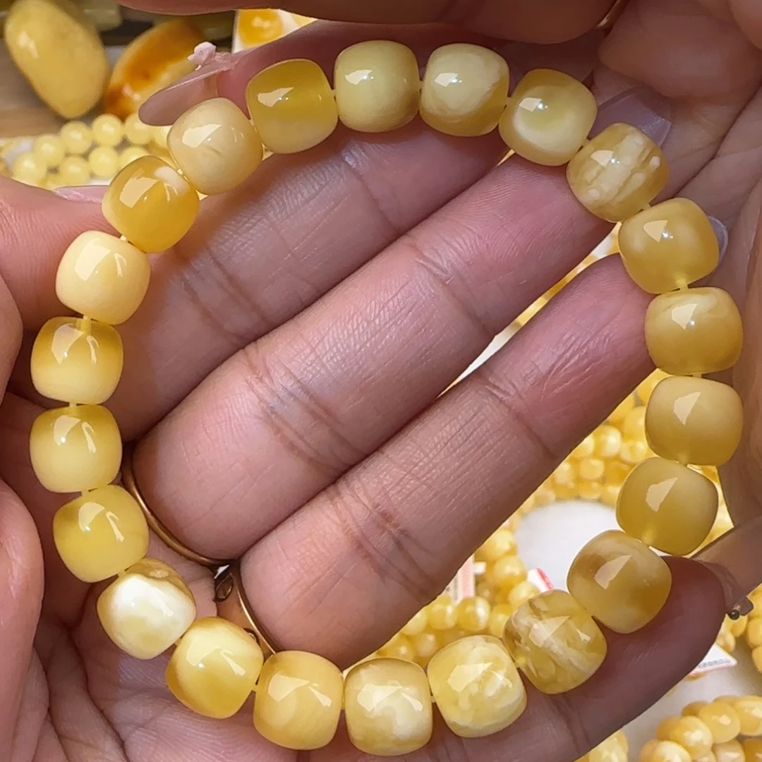 蜜蜡未镶嵌手串金白妖花老型手串