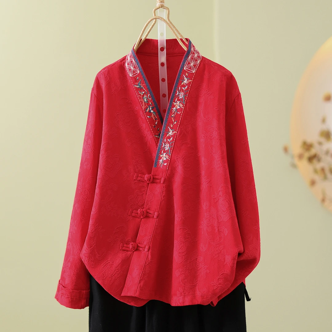 汉服休闲宽松红色上衣古风文艺复古斜襟刺绣盘扣棉麻长袖开衫衬衫