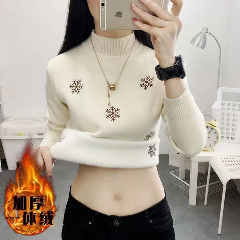 新款加绒加厚内搭一体绒毛衣冬季长袖修身半高领保暖外穿上衣潮