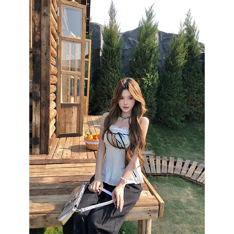 /白娅衫辣妹抹胸性感花边荷叶边吊带背心设计感小众短款上衣