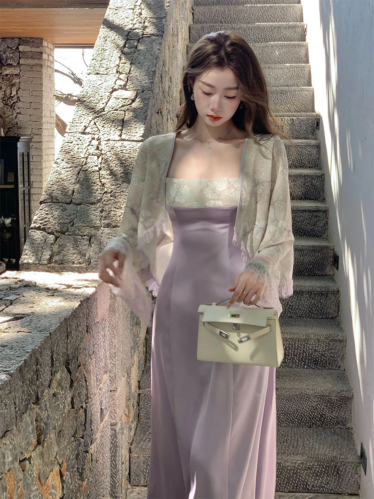 2025新款新中式国风山川黛色气质复古套装女春开衫+吊带连衣裙女