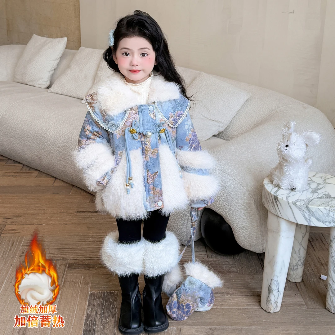 女童仿皮草加绒加厚国风外套秋冬款2025新款儿童棉服洋气宝宝冬装