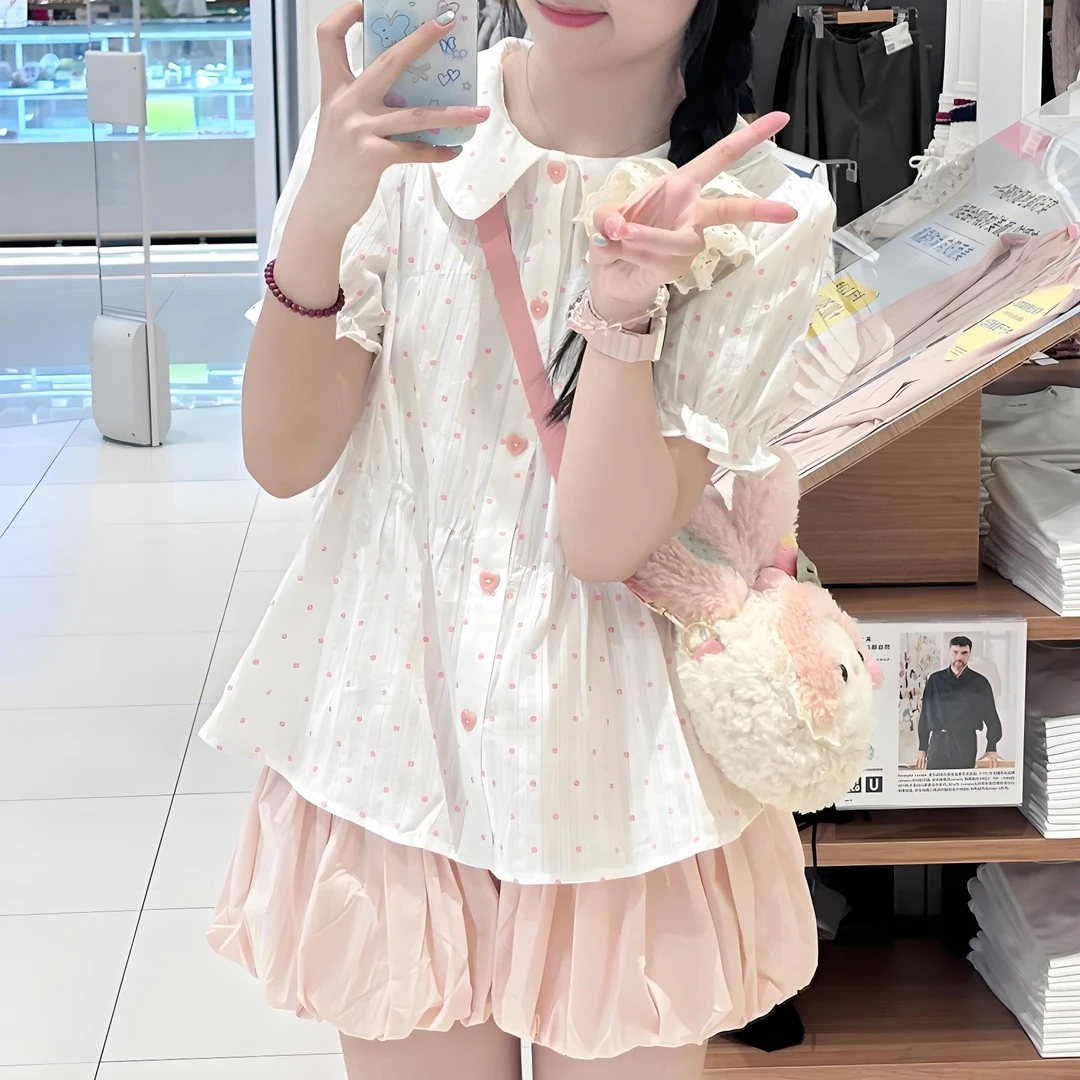 少女可爱甜妹套装新款爱心扣波点衬衫上衣女夏季粉色花苞裙两件套
