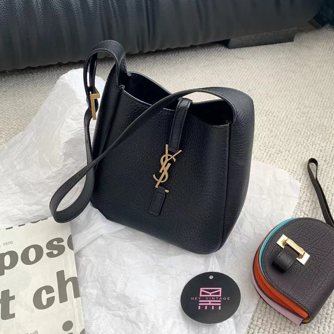 99新 YSL/圣罗兰 黑色全皮金扣mini hobo 16cm娜扎同款 12198097