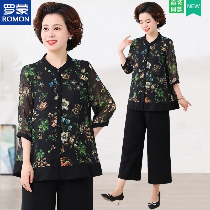 Romon/罗蒙2025新款中老年女装短袖衣服洋气中年妈妈装夏装雪纺衫