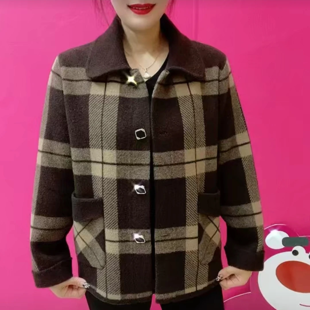 《专柜品质》秋冬气质洋气中老年格子双面绒妈妈装休闲加厚外套Z