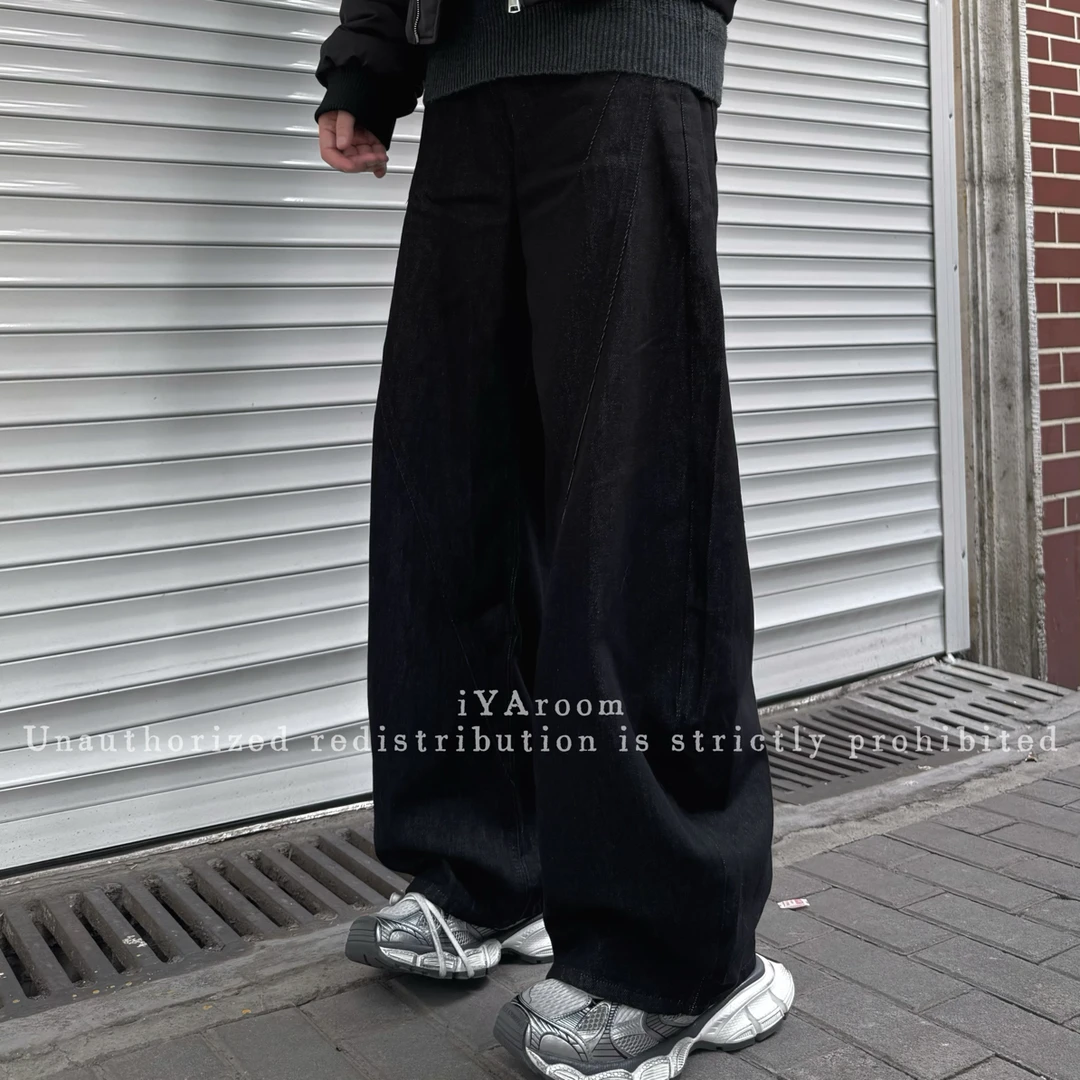 iYAroom 韩系复古水洗做旧牛仔裤男宽松直筒阔腿长裤子