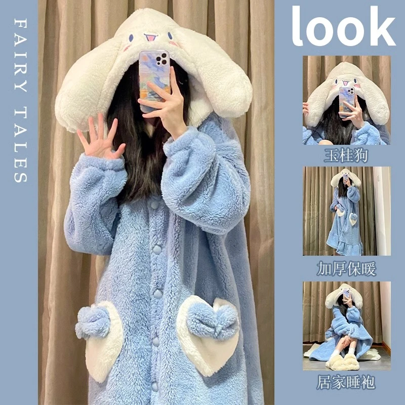 可爱玉桂狗珊瑚绒睡衣女2025年新款秋冬季加厚睡袍大耳狗长款浴袍