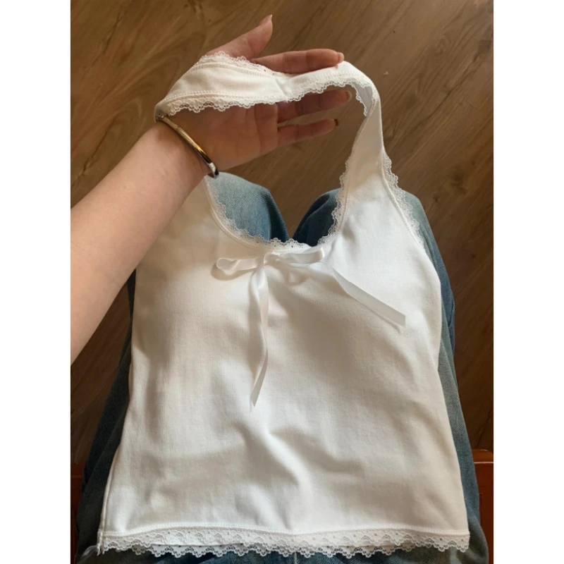挂脖吊带背心女外穿带胸垫纯欲性感美背辣妹蕾丝拼接短款打底上衣