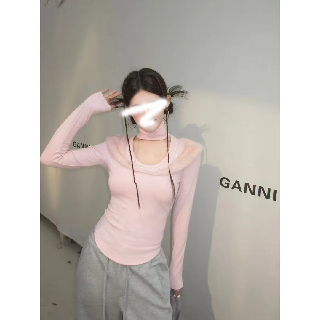 毛毛领长袖T恤女秋冬显身材修身内搭纯欲紧身辣妹打底上衣设计感