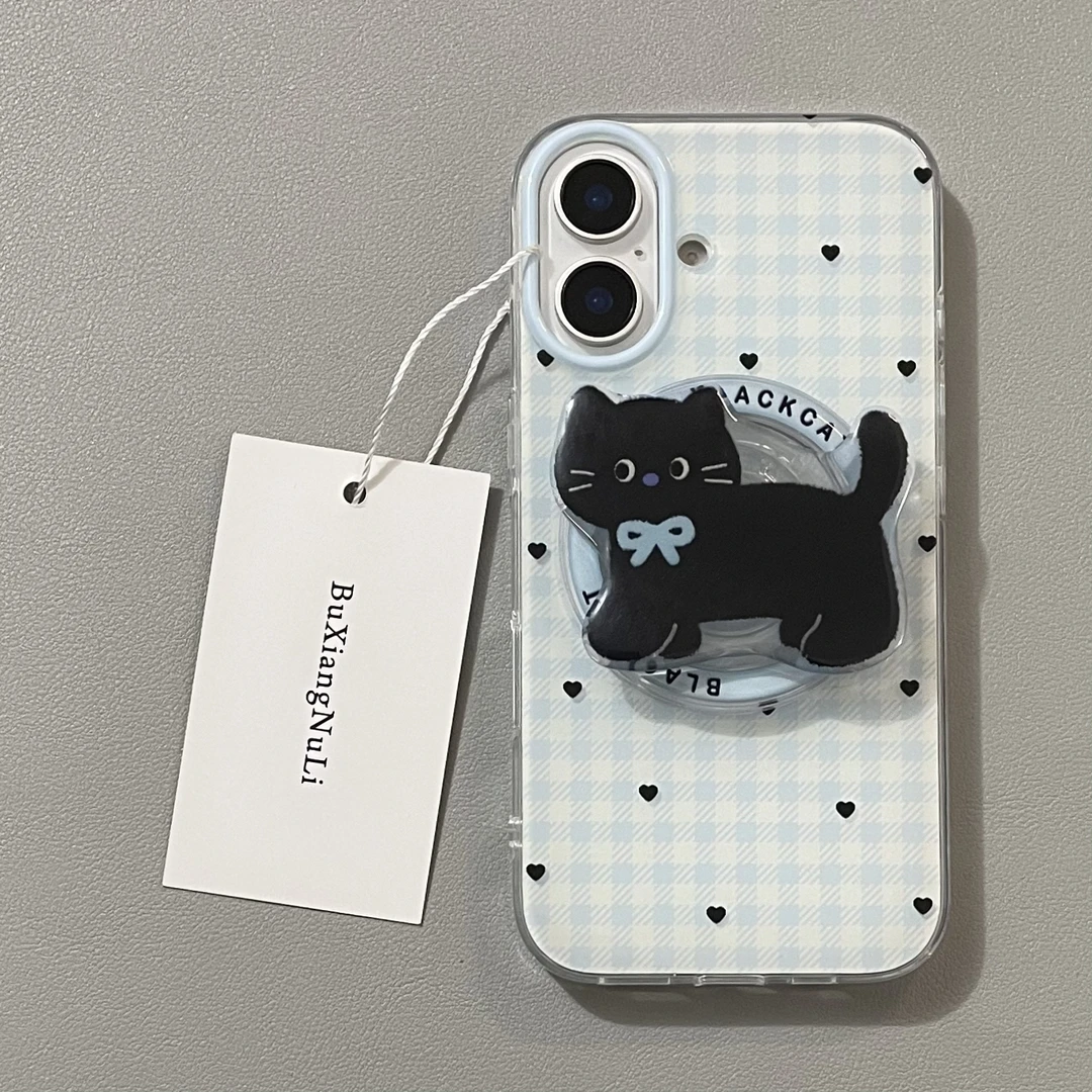 磁吸壳简约蓝白格纹爱心猫咪适用苹果16手机壳iPhone15全包14/13