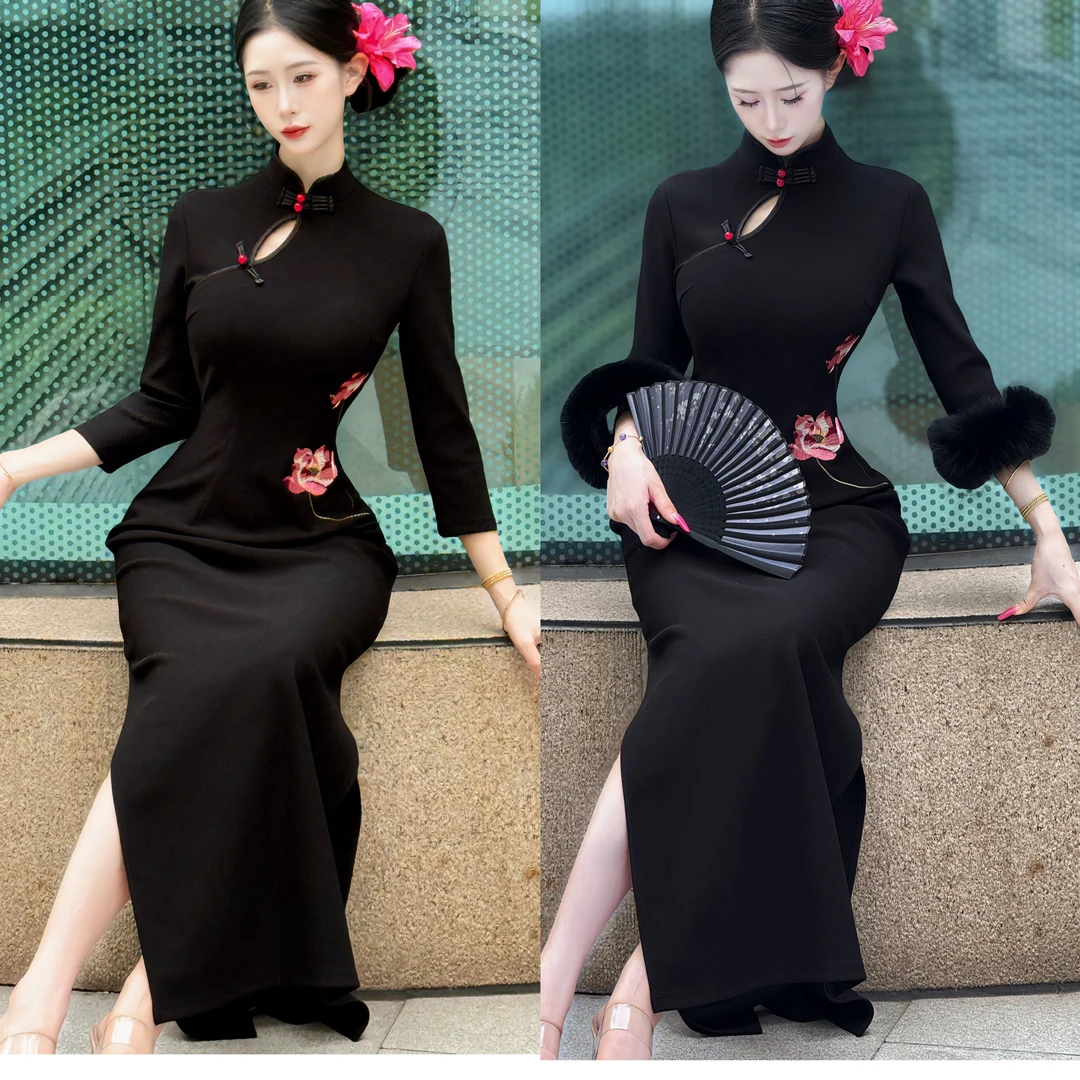 LHMknk1画报夫人原创新中式刺绣定位花早秋旗袍七分袖 腰间荷花