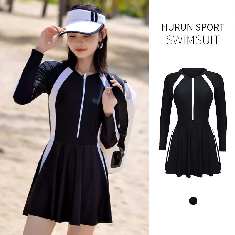 Kimmumy微胖女孩显瘦泳衣保守2025新款长袖连体泡温泉遮肚连衣裙