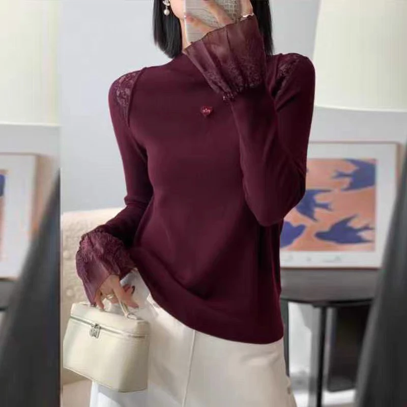 半高领拼接袖口蕾丝洋气毛衣3375