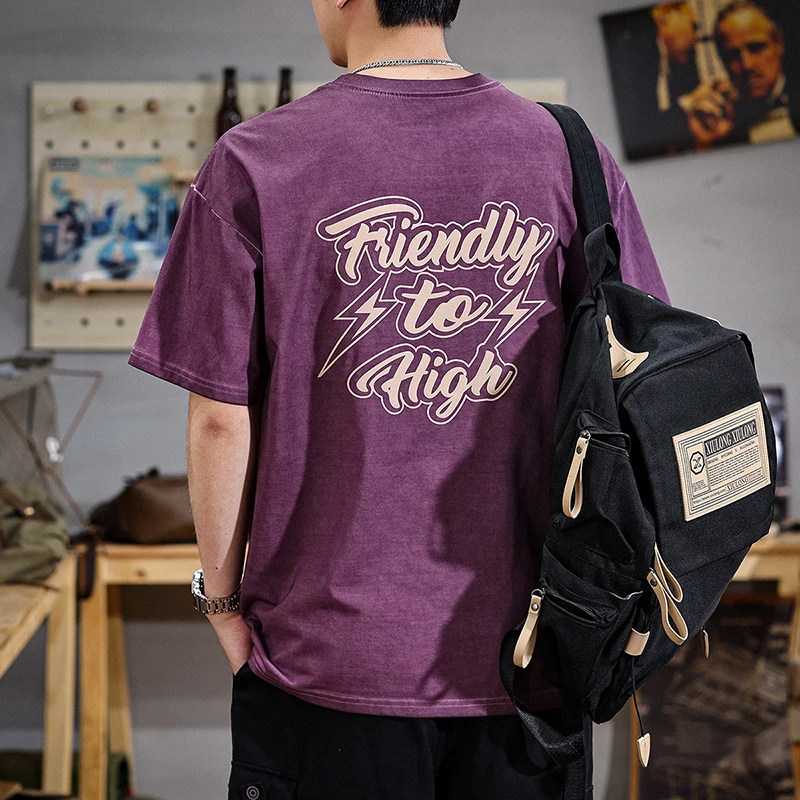 aoyu/遨宇2025新款夏季休闲宽松舒适潮流短袖男美式重磅印花体恤