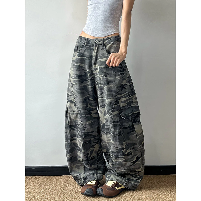 微胖mm复古迷彩工装牛仔裤男女同款早秋新款宽松设计感弯刀阔腿裤
