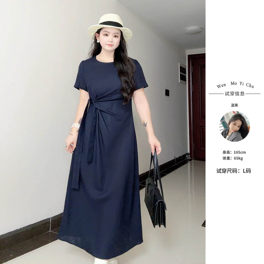 【温茉】夏季中长款微胖大码连衣裙立领系带荡领风短袖连衣裙232807