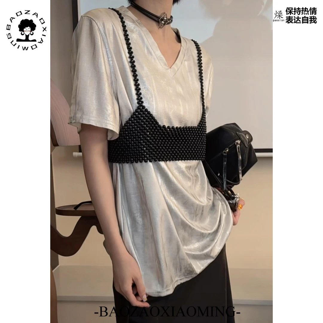 暴躁小明  休闲百搭V领短袖上衣女早春时尚银色扎染宽松T恤/C024