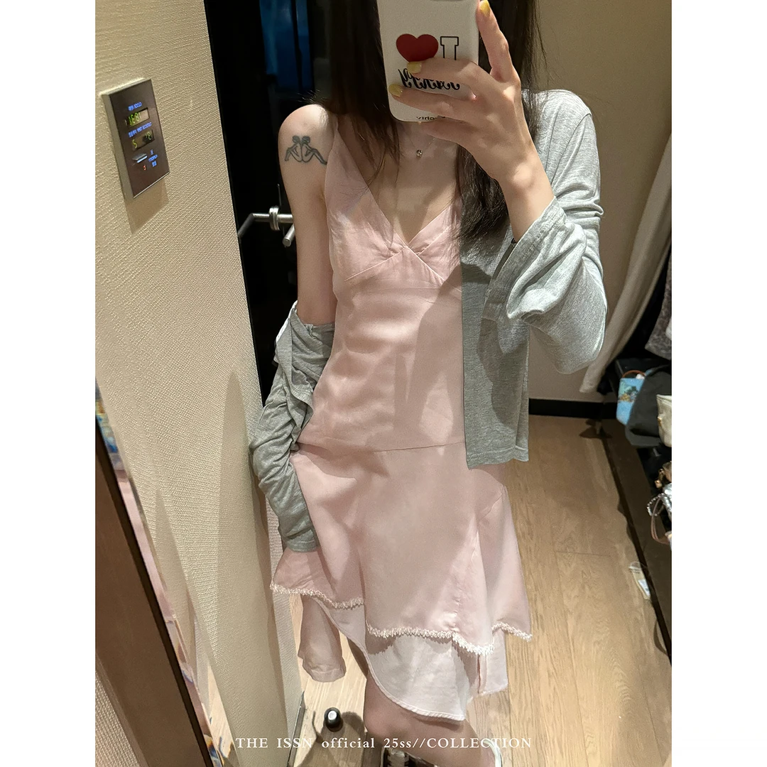 THEISSN宁司 粉色不规则设计感吊带连衣裙女夏季休闲短裙 0881