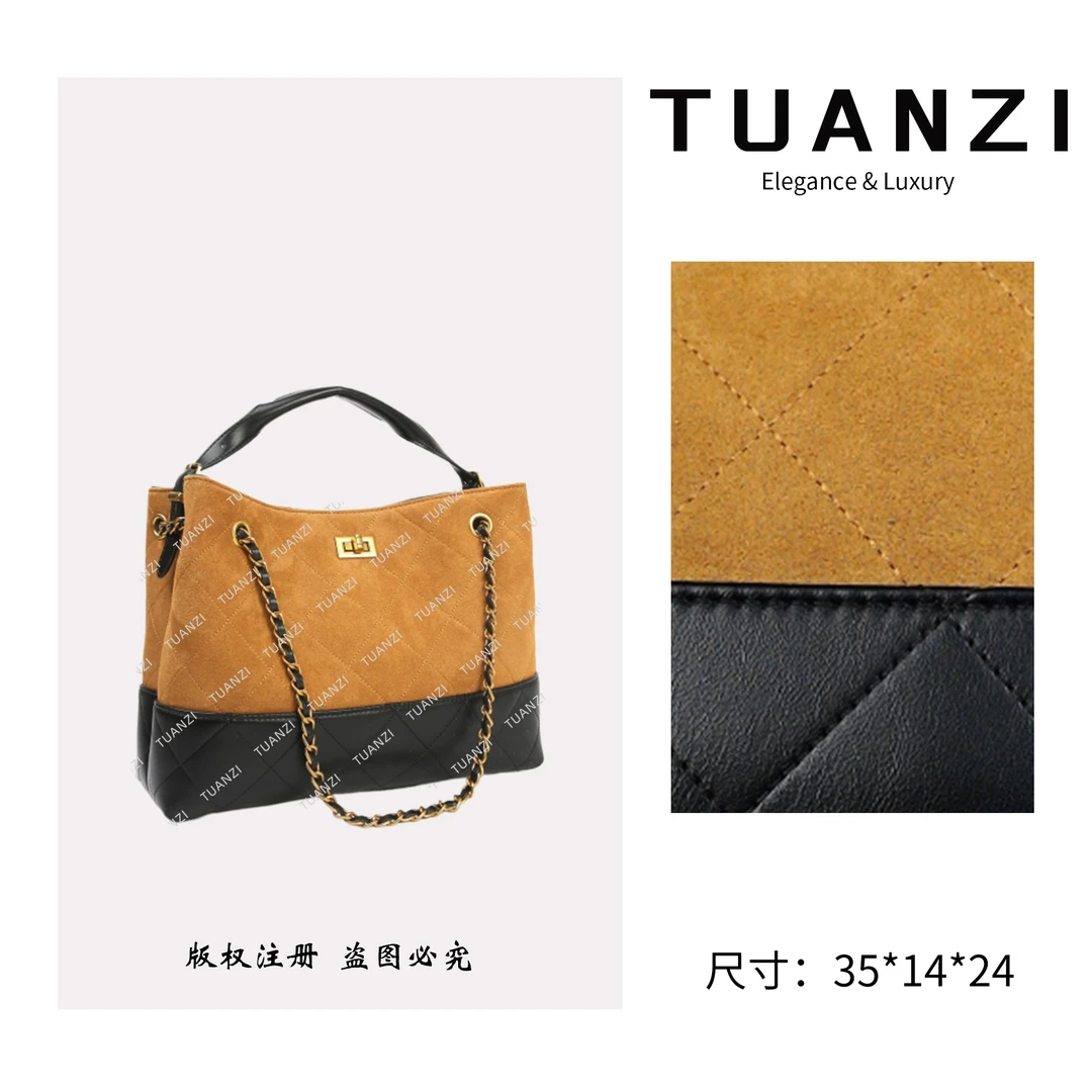 【高端玩家】新款手工皮革拼接Hobo手提单肩斜挎包 BF-66553-土黄棕