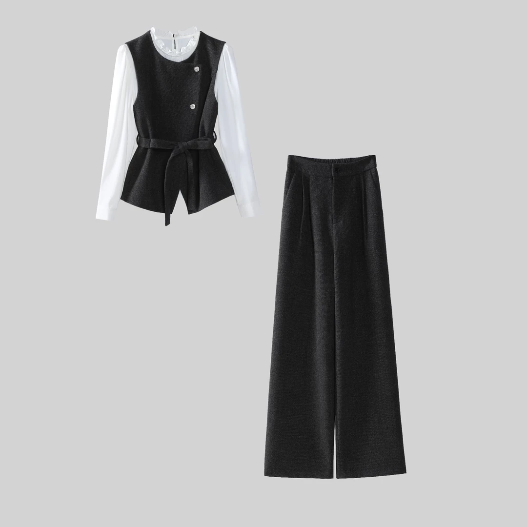 【纪朵研】8110#时尚套装女2025秋季新款马甲外套衬衫阔腿裤三件套