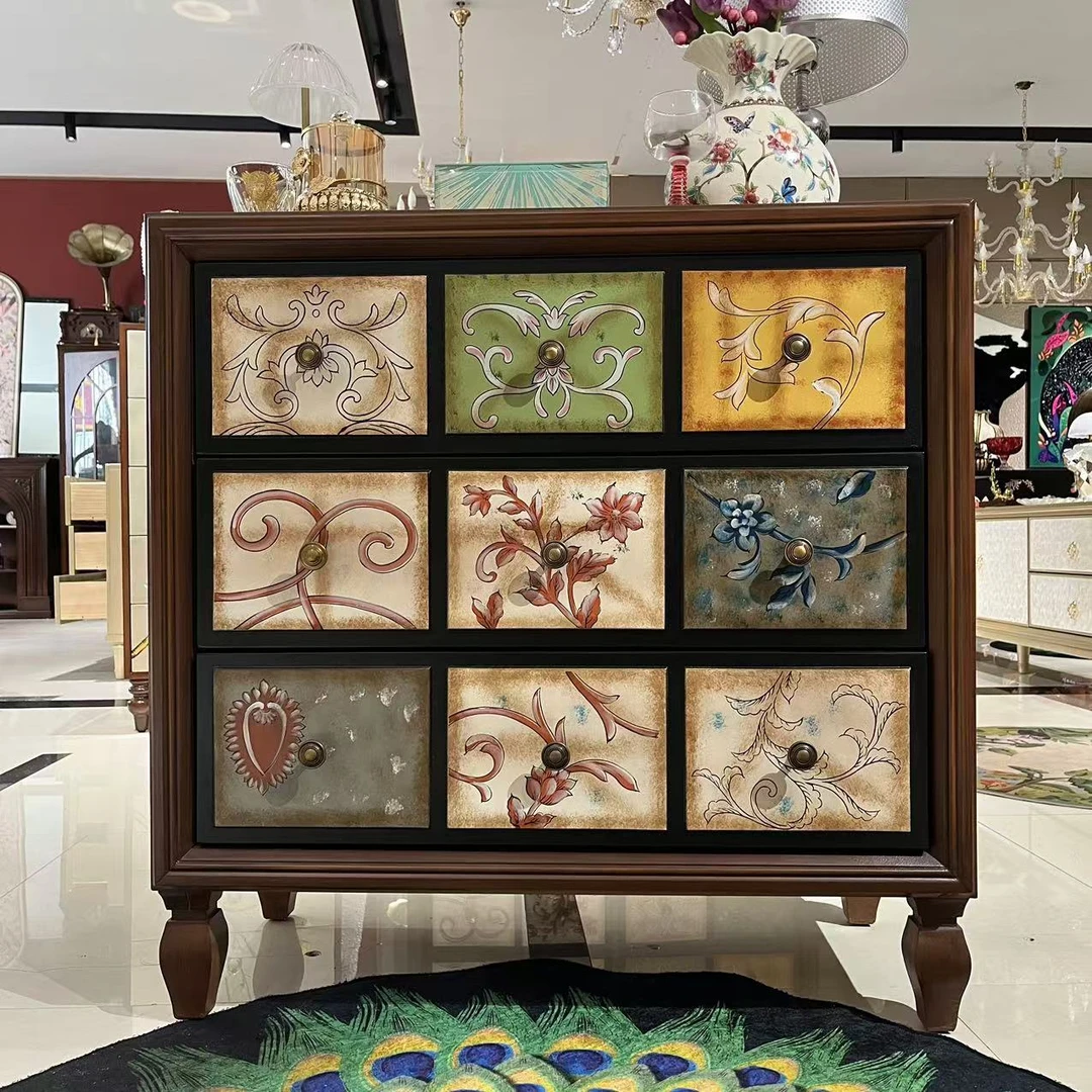 【喜悦家具】KH 复古彩绘三斗柜 90*40*90