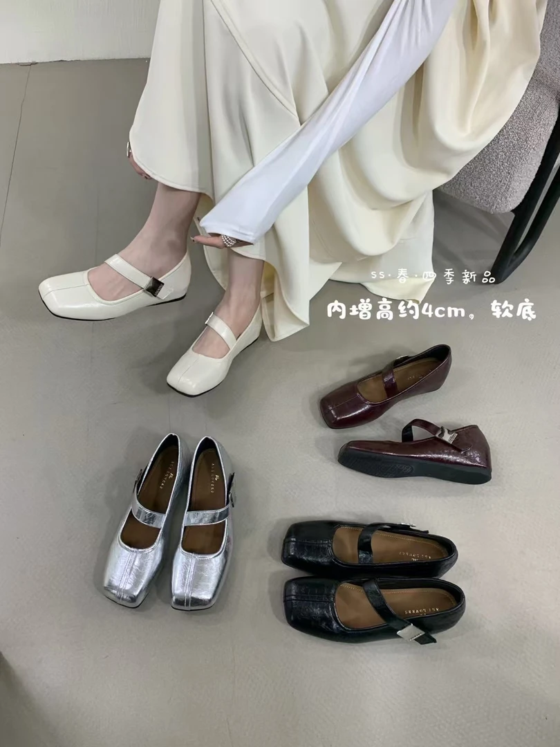H456-8时尚百搭春夏方头单鞋法式气质内增高女鞋一字扣凉鞋夏季