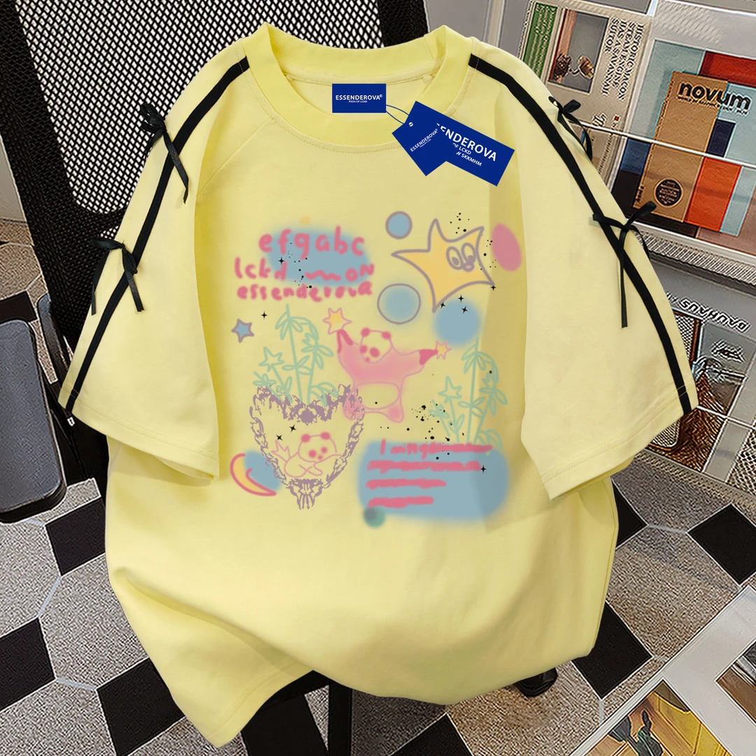 100%纯棉潮牌小众特色印花短袖t恤女2025夏季爆款宽松韩版上衣服