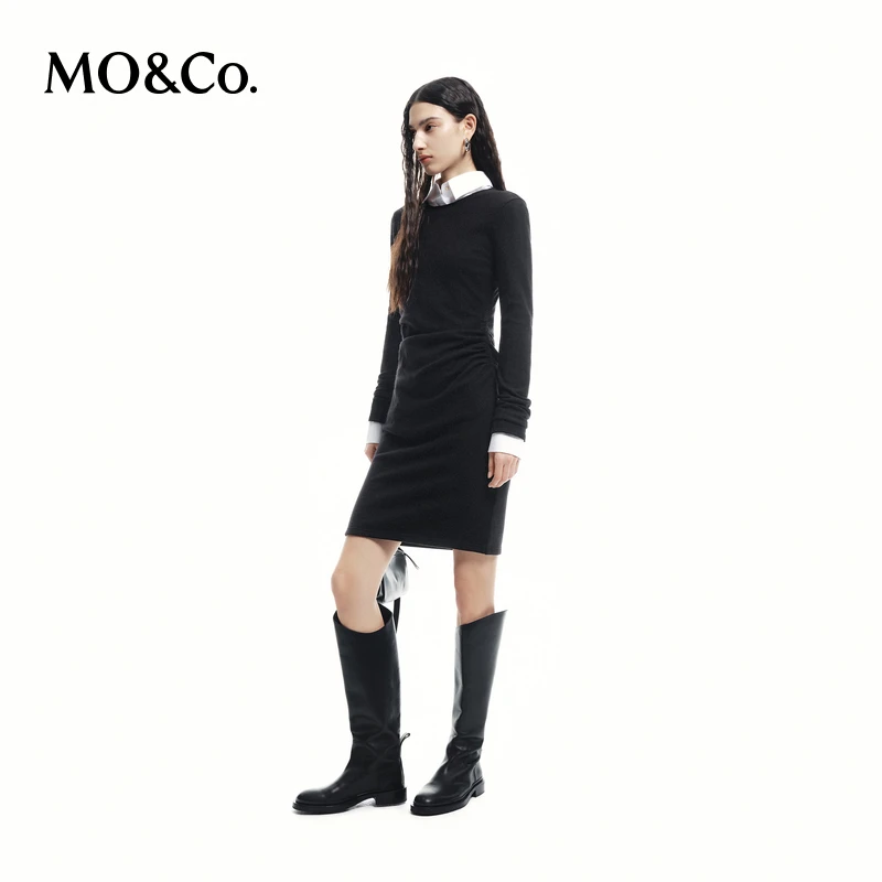 【达人专属】MOCO秋绵羊毛正肩收腰连衣裙小黑裙MBD3DRST11