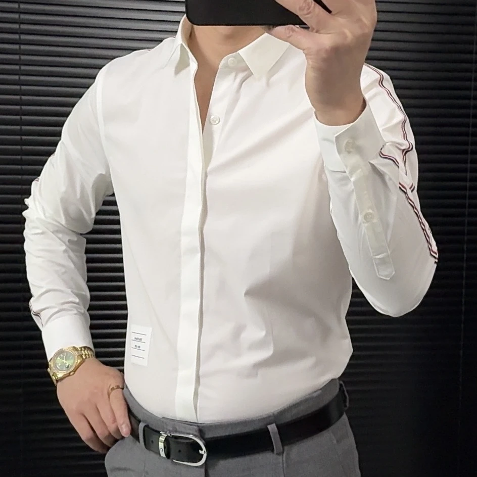 高端纯色男士长袖衬衫商务休闲免烫织带设计衬衣白色潮流修身职业