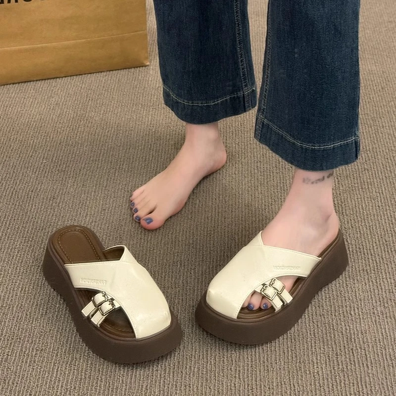 复古包头半拖鞋女夏外穿2025新款超轻便厚底凉拖鞋百搭沙滩罗马鞋