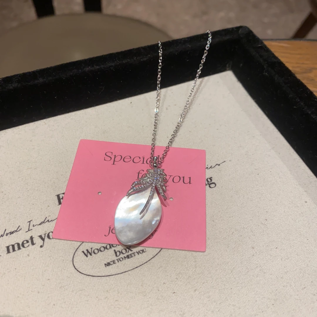 铜锆石项链 超仙贝壳羽毛项链女小众个性简约百搭气质颈链锁骨链