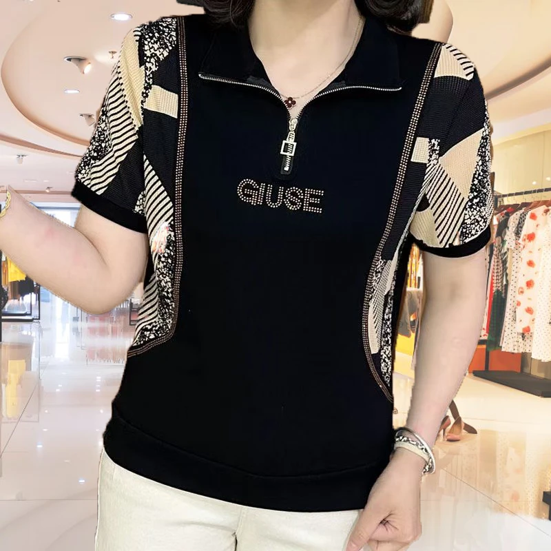 网红爆款夏季女翻领拉链短袖卫衣时尚加大码镶钻百搭妈妈装打底衫