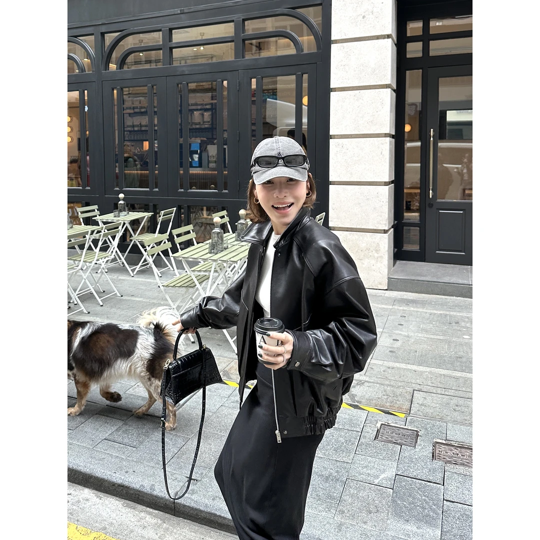 YANGLE_黑色皮衣女款2025春季新款宽松廓形轻蜡感绵羊皮夹克外套