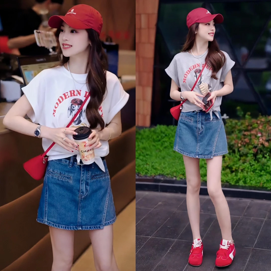 夏季新款圆领美式复古狗狗绑带短袖上衣百搭时尚设计款牛仔裙裤