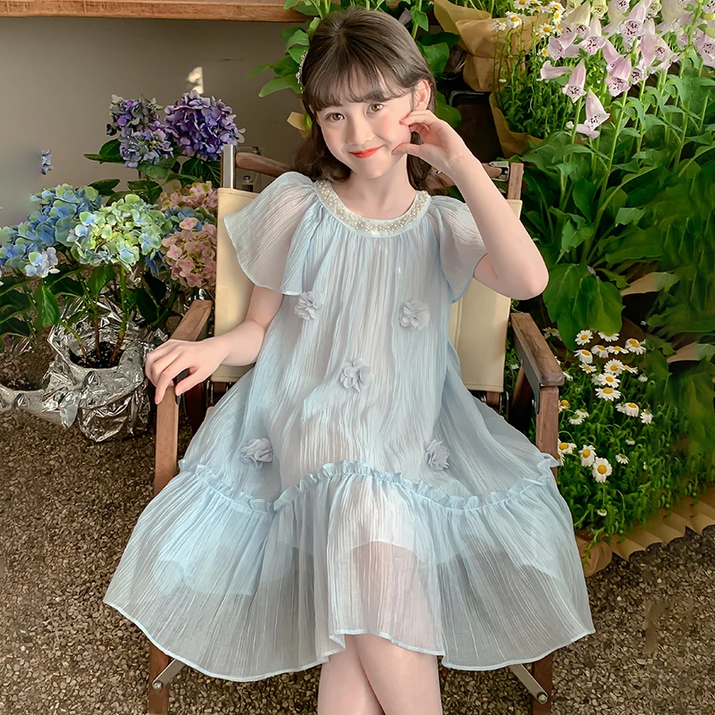 女童连衣裙夏装2025新款洋气儿童短袖公主裙女孩夏季薄款蓝色裙子