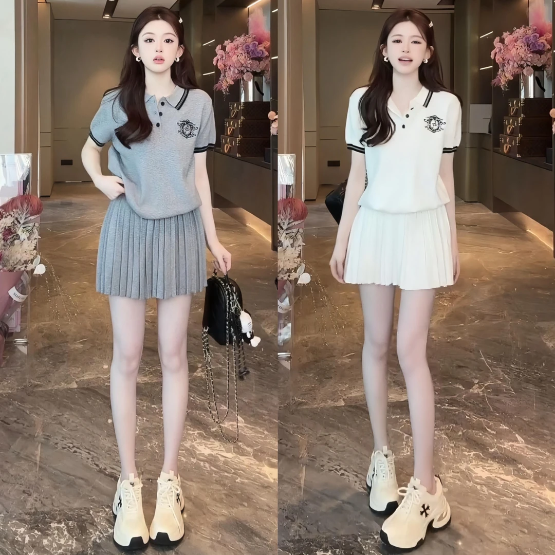 2025夏季新款时尚休闲polo领针织衫百褶半身裙时尚套装气质减龄女