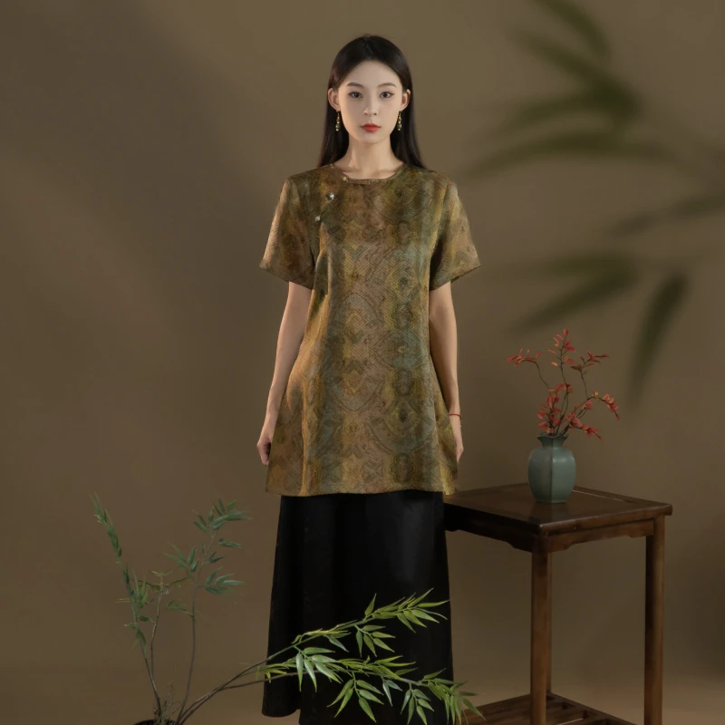 芬领-敦煌印象-2025新品100%桑蚕丝红云纱前喷花罗短袖罩衫上衣SY
