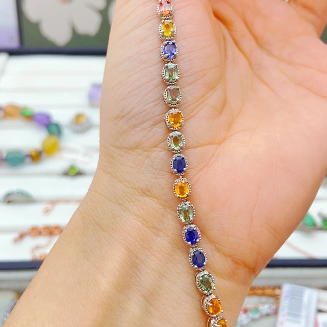 手链彩色蓝宝石银S925镶嵌