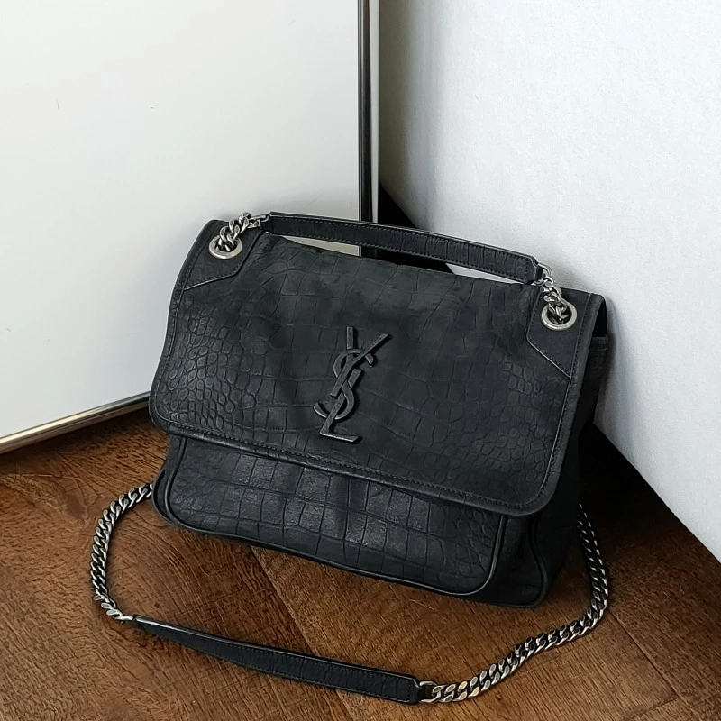 95新 YSL/圣罗兰 Azul-磨砂黑银链鳄鱼压纹niki中号单肩包50277