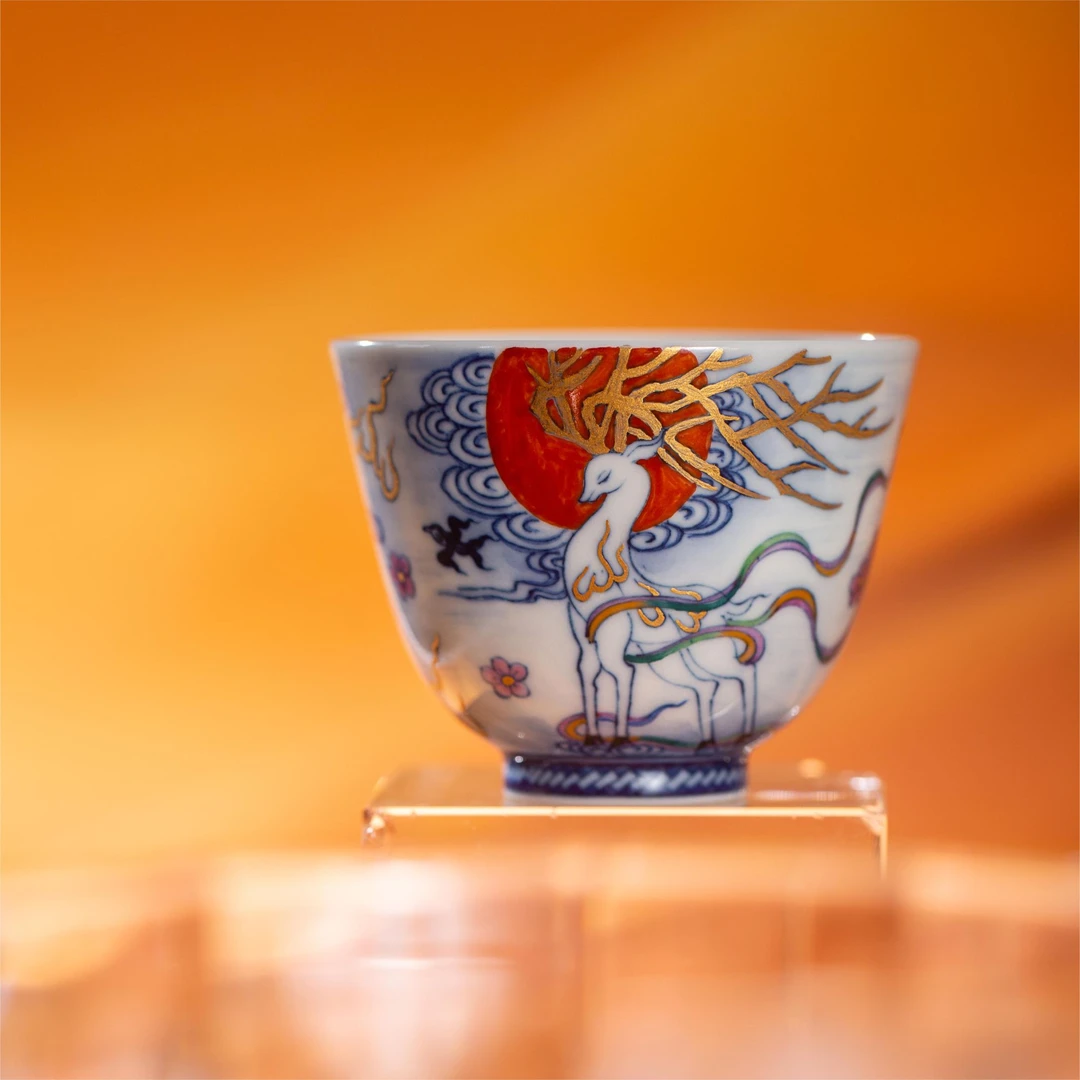 钟家窑柴窑斗彩九色鹿红太阳杯主人杯茶杯高档