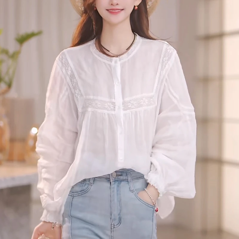 2025早秋新款女白色长袖防晒衬衫洋气减龄显瘦设计感蕾丝刺绣上衣