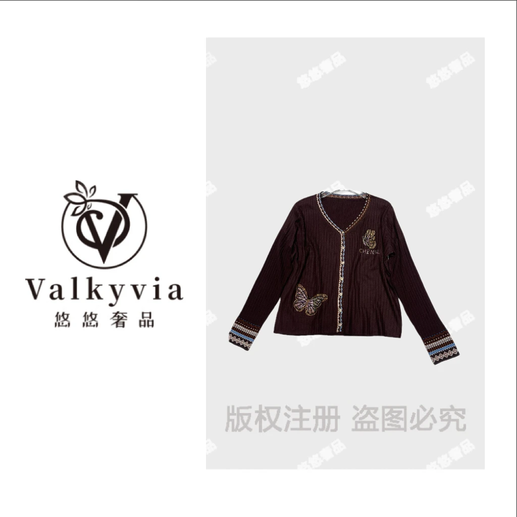 Valkyvia/悠悠奢品复古民族风拼色V领蝴蝶翩翩针织衫M25110M