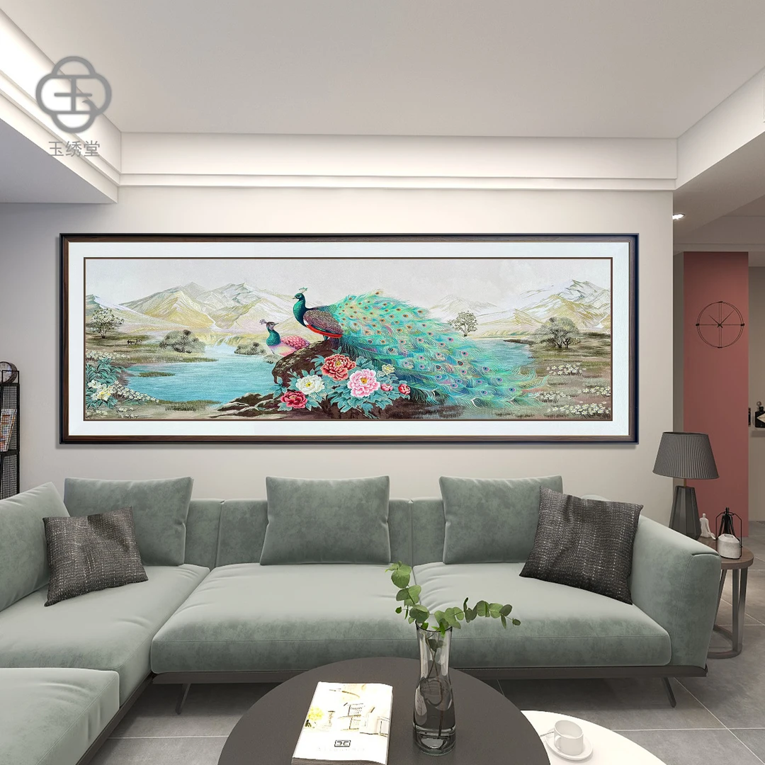 刺绣高定《孔雀图》客厅装饰画背景墙立体光泽度挂画
